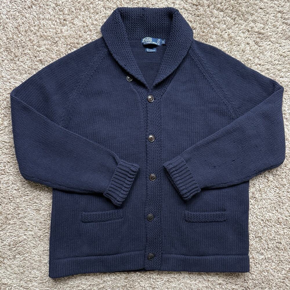 Vintage Polo Ralph Lauren Blue Shawl Collar Wool Cashmere Sweater Button Size XL